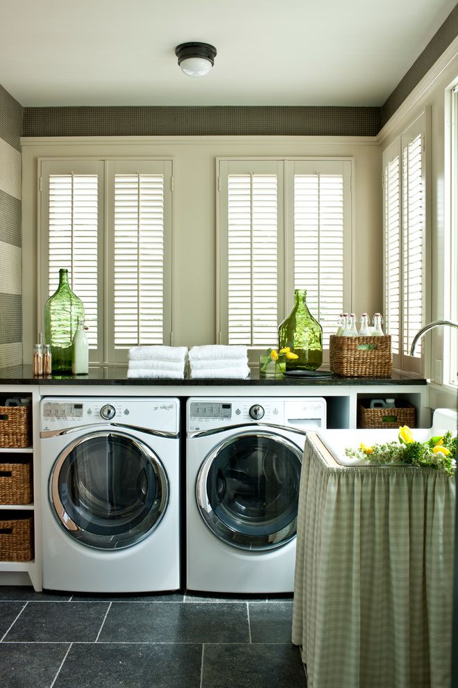 Best Top Load Washers with Farmhouse Laundry Room  and Black Countertops Bottles Green Vase Laundry Room Appliances Modern Farmhouse Nashville Southern Style Traditional White Shutters