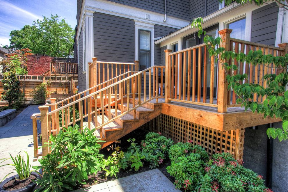 Rustoleum Deck Restore   Traditional Landscape Also Border Plantings Deck Handrail Lattice Staircase Stairs Steps White Wood Wood Railing Wood Siding Wood Trim