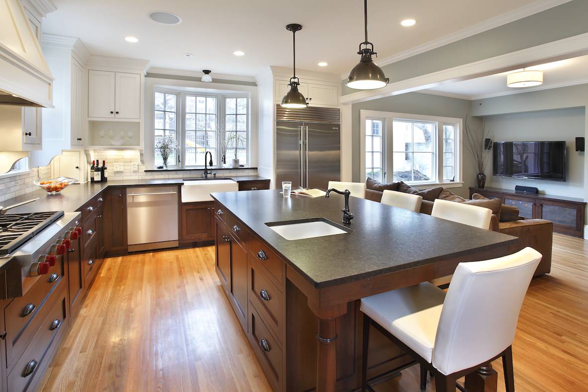 White Cabinets with Dark Granite Contemporary Kitchen Dark Stained Wood Stainless Steel Appliances Wood Floor