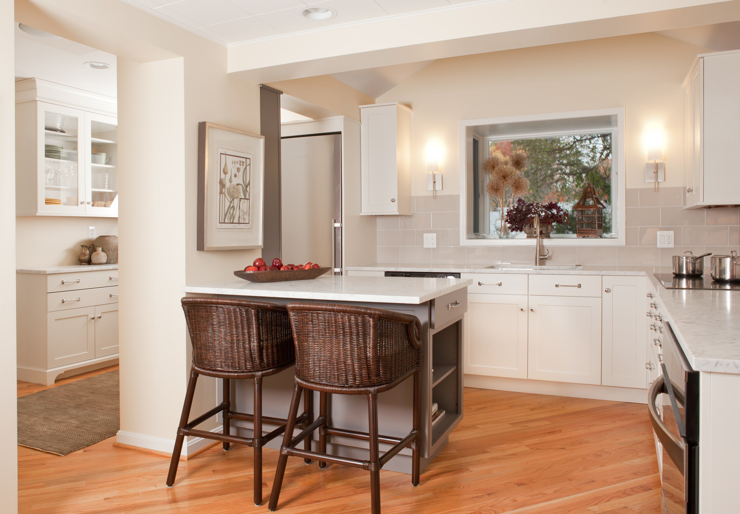 Standard kitchen cabinet height with Traditional Kitchen bridge faucet ceiling lighting flush mount tile backsplash